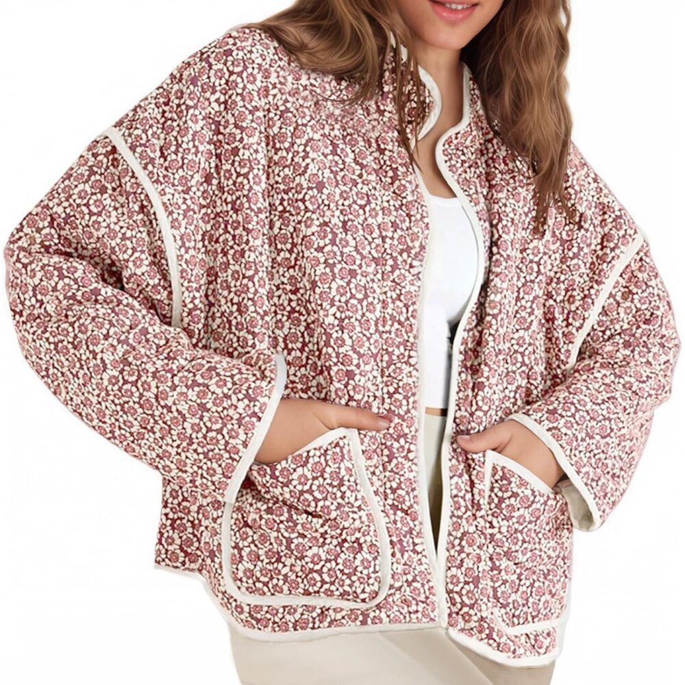 Womens Quilted Lightweight Floral Coat Pockets Open Front Cardigan Winter
